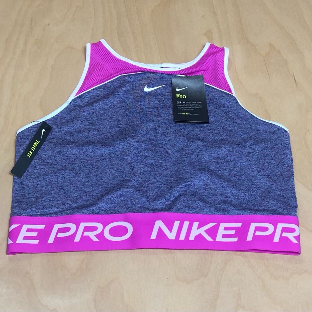 Nike Pro Training Crop Top Gray Fuchsia Tight Fit Elastic Hem NWT Women Large.